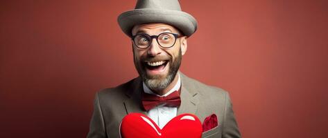 AI generated Portrait of a happy man with a red heart on Valentine's day concept. photo