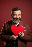 AI generated Portrait of a happy man with a red heart on Valentine's day concept. photo