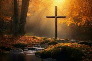 AI generated Cross in the forest with sun rays coming through the trees photo