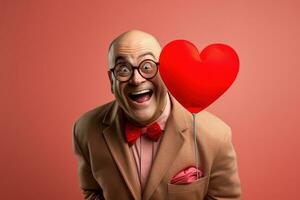 AI generated Portrait of a happy man with a red heart on Valentine's day concept. photo