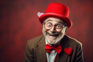 AI generated Portrait of a happy man with a red heart on Valentine's day concept. photo