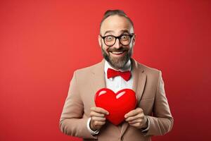 AI generated Portrait of a happy man with a red heart on Valentine's day concept. photo