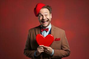 ai generado retrato de un contento hombre con un rojo corazón en San Valentín día concepto. foto