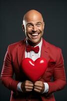 AI generated Portrait of a happy man with a red heart on Valentine's day concept. photo