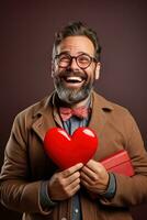 AI generated Portrait of a happy man with a red heart on Valentine's day concept. photo