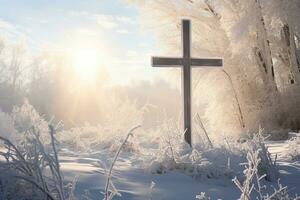 AI generated Cross in the winter forest. Christian cross in the snowy forest. photo