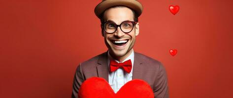 AI generated Portrait of a happy man with a red heart on Valentine's day concept. photo