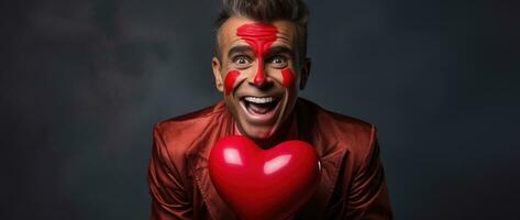 AI generated Portrait of a happy man with a red heart on Valentine's day concept. photo