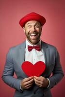 AI generated Portrait of a happy man with a red heart on Valentine's day concept. photo