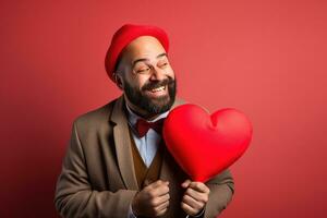 ai generado retrato de un contento hombre con un rojo corazón en San Valentín día concepto. foto