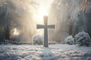 AI generated Cross in the winter forest. Christian cross in the snowy forest. photo