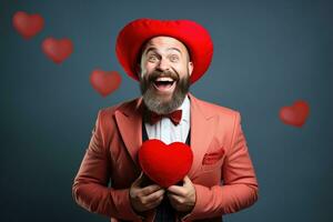 AI generated Portrait of a happy man with a red heart on Valentine's day concept. photo