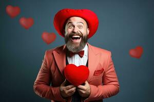 AI generated Portrait of a happy man with a red heart on Valentine's day concept. photo