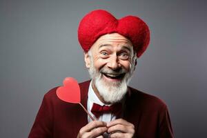 AI generated Portrait of a happy man with a red heart on Valentine's day concept. photo