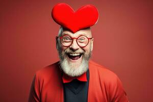 ai generado retrato de un contento hombre con un rojo corazón en San Valentín día concepto. foto