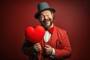 ai generado retrato de un contento hombre con un rojo corazón en San Valentín día concepto. foto