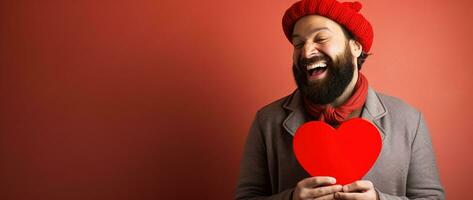 AI generated Portrait of a happy man with a red heart on Valentine's day concept. photo
