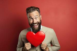AI generated Portrait of a happy man with a red heart on Valentine's day concept. photo