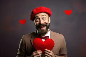 ai generado retrato de un contento hombre con un rojo corazón en San Valentín día concepto. foto