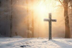 AI generated Cross in the winter forest. Christian cross in the snowy forest. photo