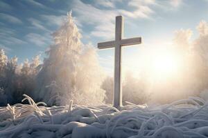 AI generated Cross in the winter forest. Christian cross in the snowy forest. photo