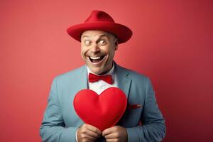 ai generado retrato de un contento hombre con un rojo corazón en San Valentín día concepto. foto