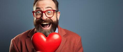 AI generated Portrait of a happy man with a red heart on Valentine's day concept. photo