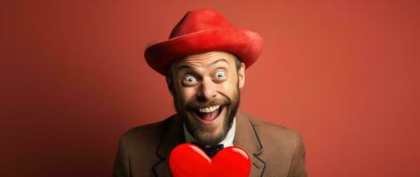 ai generado retrato de un contento hombre con un rojo corazón en San Valentín día concepto. foto