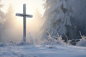 AI generated Cross in the winter forest. Christian cross in the snowy forest. photo