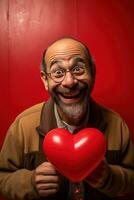 ai generado retrato de un contento hombre con un rojo corazón en San Valentín día concepto. foto