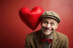 ai generado retrato de un contento hombre con un rojo corazón en San Valentín día concepto. foto