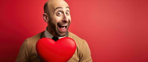 ai generado retrato de un contento hombre con un rojo corazón en San Valentín día concepto. foto