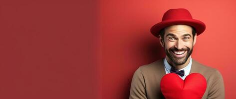 AI generated Portrait of a happy man with a red heart on Valentine's day concept. photo