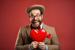 ai generado retrato de un contento hombre con un rojo corazón en San Valentín día concepto. foto