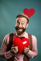 AI generated Portrait of a happy man with a red heart on Valentine's day concept. photo