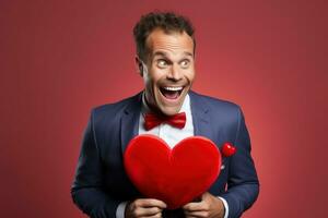 AI generated Portrait of a happy man with a red heart on Valentine's day concept. photo