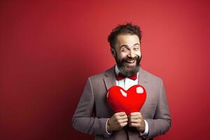 AI generated Portrait of a happy man with a red heart on Valentine's day concept. photo