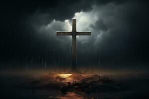 AI generated Cross in the dark with stormy sky photo