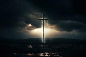 AI generated Cross in the dark with stormy sky photo