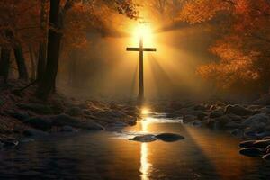 AI generated Cross in the forest with sun rays coming through the trees photo