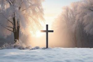 AI generated Cross in the winter forest. Christian cross in the snowy forest. photo