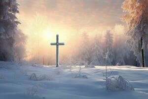 AI generated Cross in the winter forest. Christian cross in the snowy forest. photo