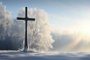 AI generated Cross in the winter forest. Christian cross in the snowy forest. photo