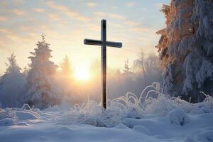 AI generated Cross in the winter forest. Christian cross in the snowy forest. photo