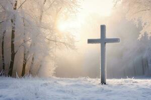 AI generated Cross in the winter forest. Christian cross in the snowy forest. photo