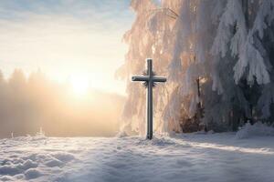 AI generated Cross in the winter forest. Christian cross in the snowy forest. photo