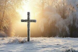 AI generated Cross in the winter forest. Christian cross in the snowy forest. photo