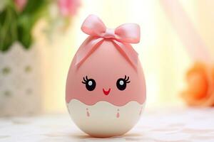ai generado rosado Pascua de Resurrección huevo con un sonriente rostro. generativo ai. foto