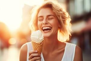 AI generated A happy young caucasian woman holding ice cream cone. Generative AI. photo