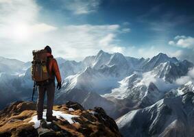 AI generated Hiker with a backpack on the top of a mountain. Generative AI. photo